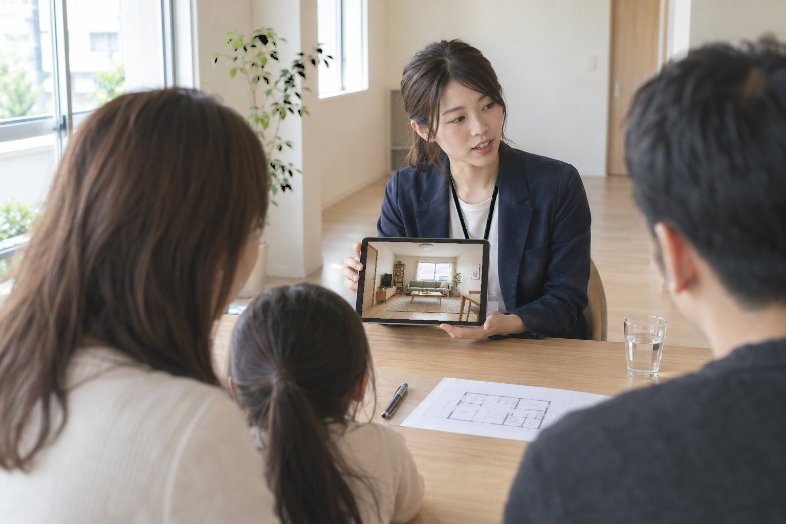 営業担当がお客様にタブレットで画像を見せている