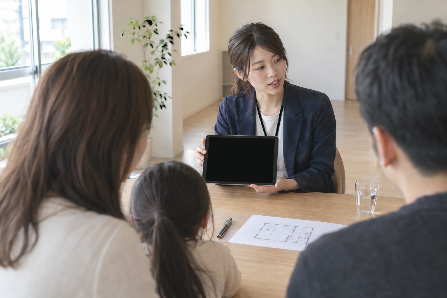 内見中のテーブルで、営業担当が家族にタブレットの画面を見せている