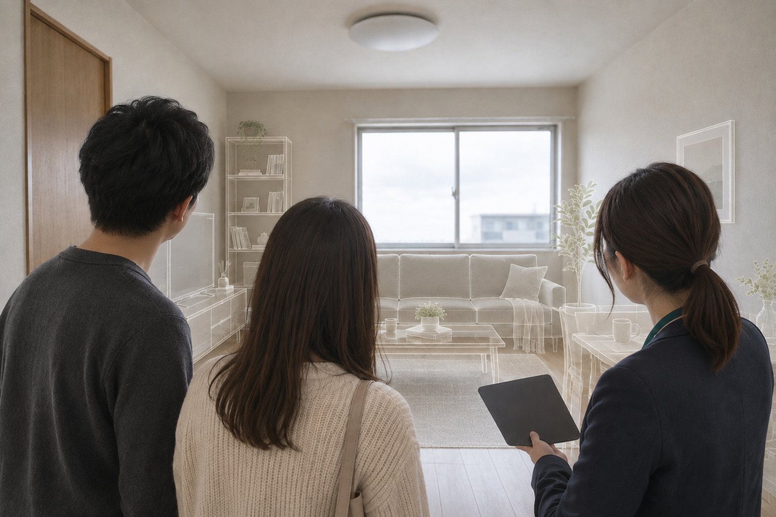 指した場所に家具の形が線で浮かび上がっている