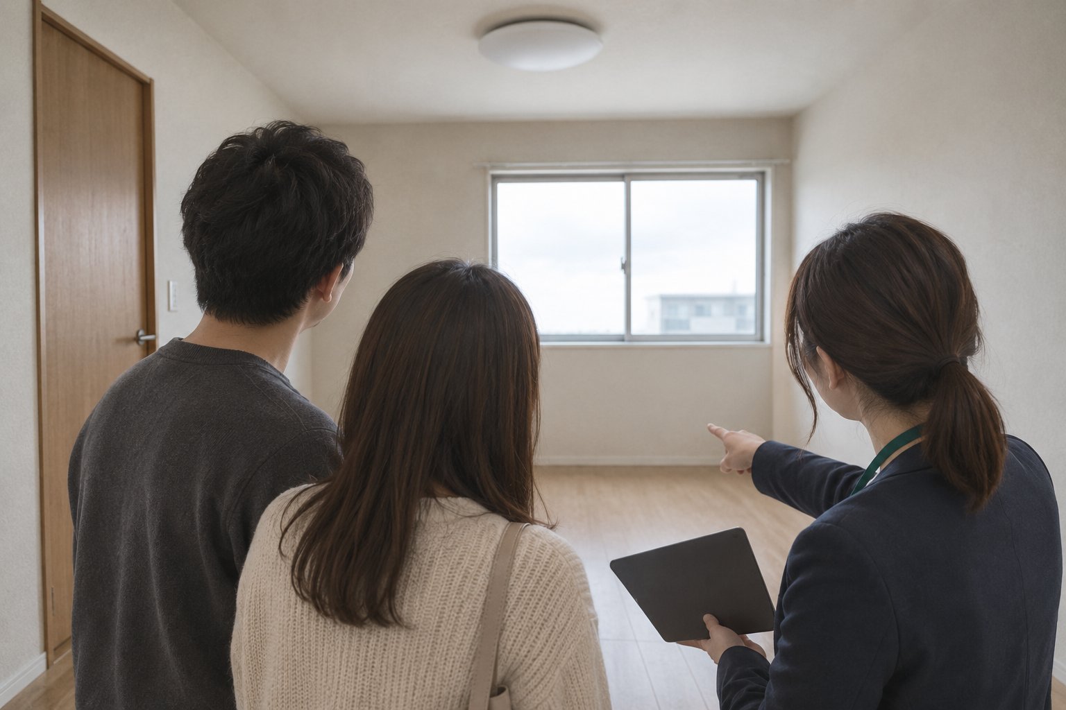 営業担当が空室の中で家具を置く場所を指している